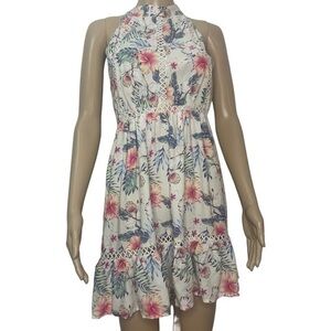 New Sunday Mi Amor Cream Blue Pink Hibiscus Floral Backless Spring Summer Dress